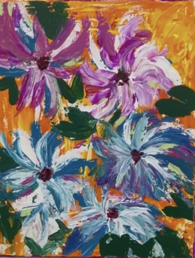 Vivid floral abstraction: pink and white blooms over a bright orange ground with green foliage.